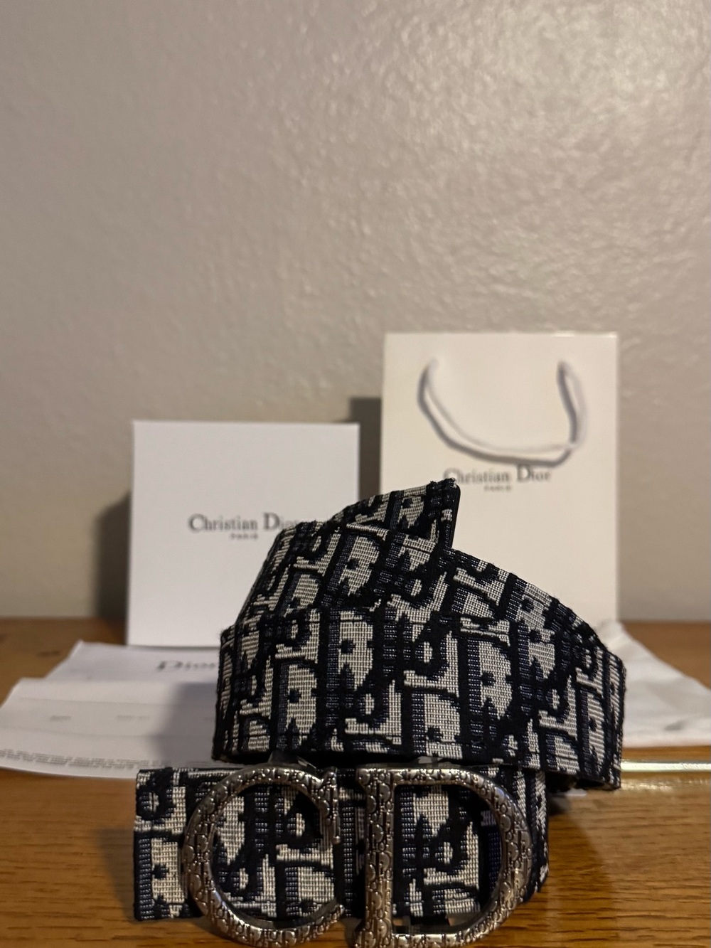 Dior Men’s Navy and White Monogram Canvas Belt with Silver Double-D Buckle